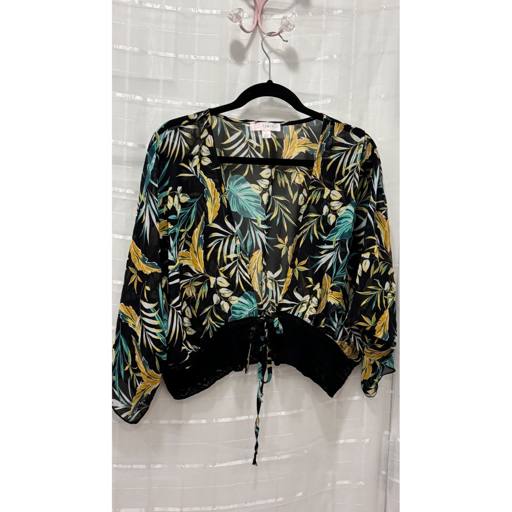 Timing Tropical Palm Print Lace Hem Tie Front Cropped Kimono Top Black Green L